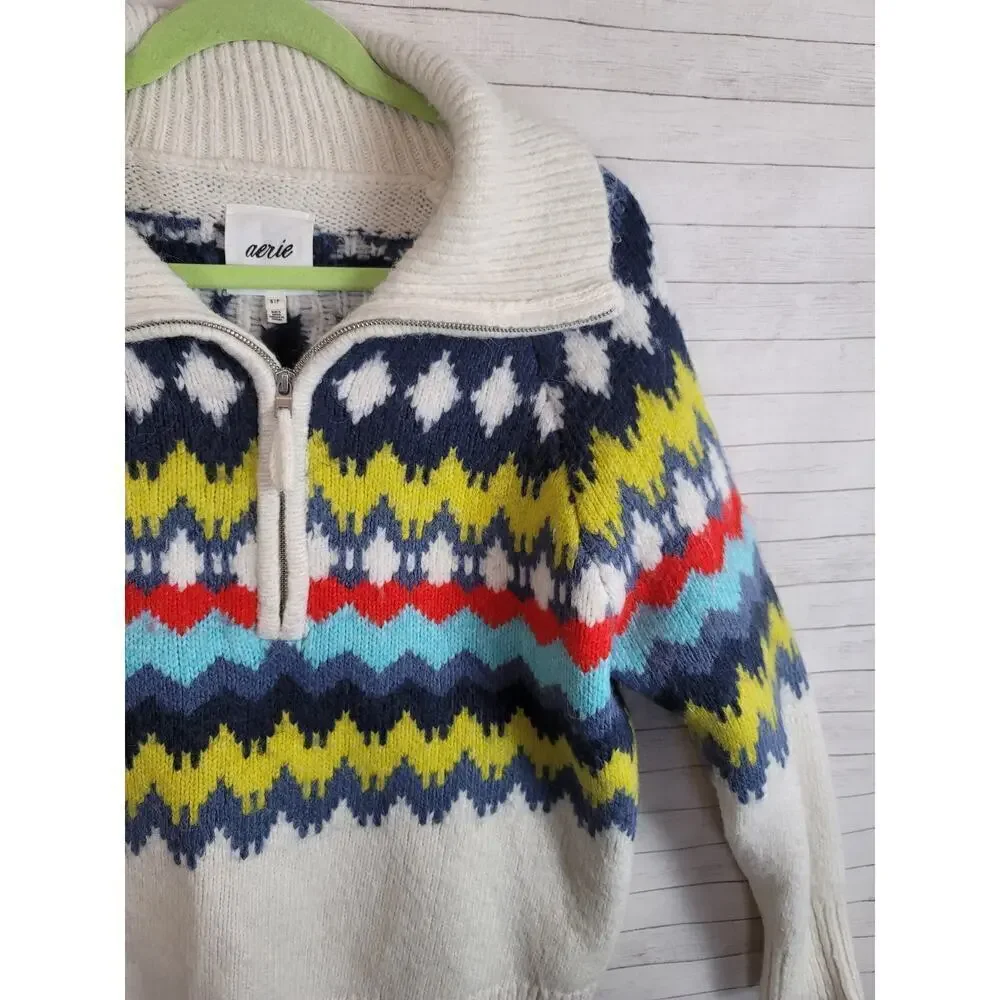 AERIE QUARTER ZIP ARGYLE SWEATER WOOL BLEND, SZ SMALL